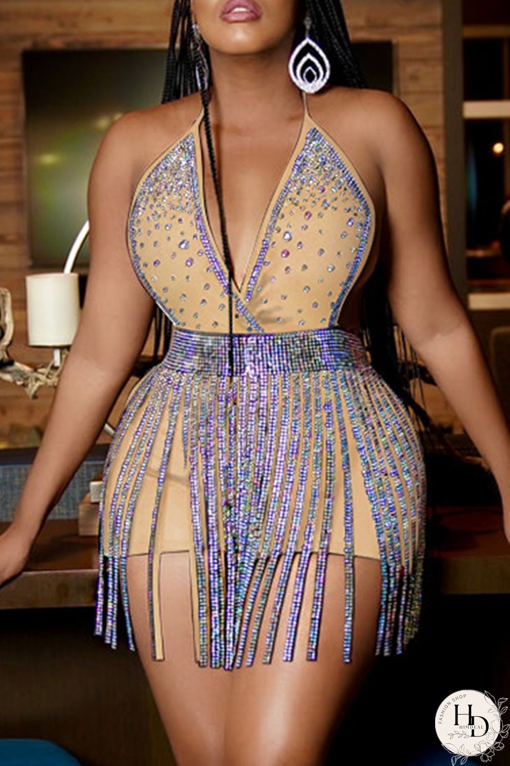 Apricot Fashion Sexy Patchwork Hot Drilling Tassel Backless V Neck Sleeveless Two Pieces