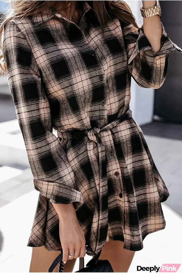 V Neck Plaid Shirt Dress