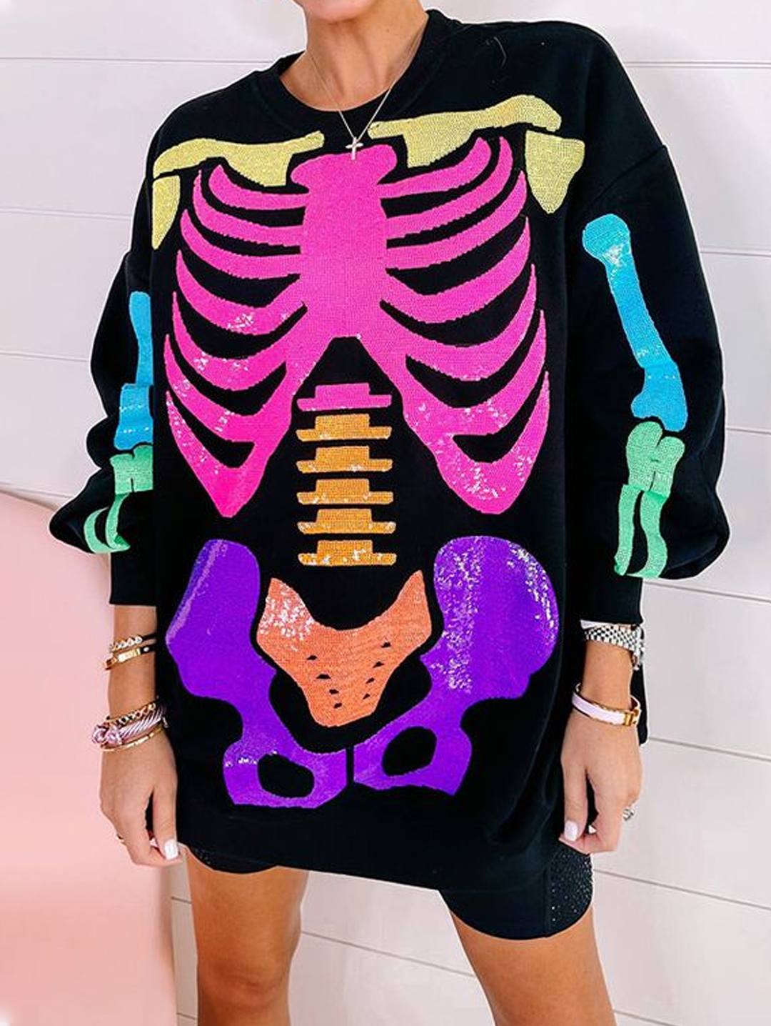 Halloween Contrast Color Skeleton Sparkly Print Long Sleeve Sweatshirt