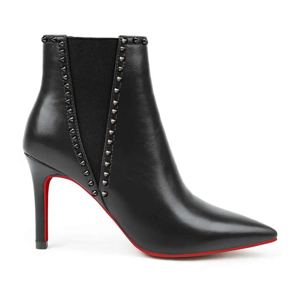 90mm/3.54 inch Women's Ankle Boots Closed Pointed Toe Rivet Red Bottom Stilettos Booties-vocosishoes