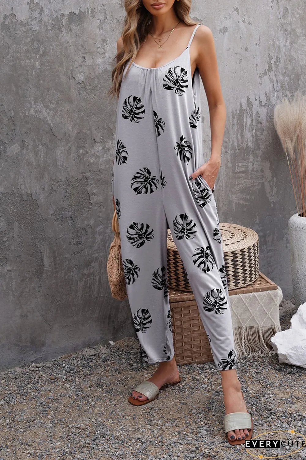 Print Spaghetti Strap Wide Leg Jumpsuit