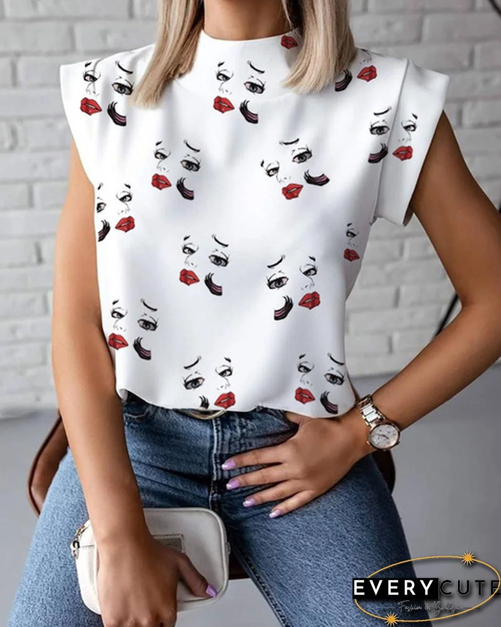 S-2XL New Fashion Women Elegant Lips Print Tops and Blouse Shirts Summer Ladies Office Casual Stand Neck Pullovers Eye Blusa Tops