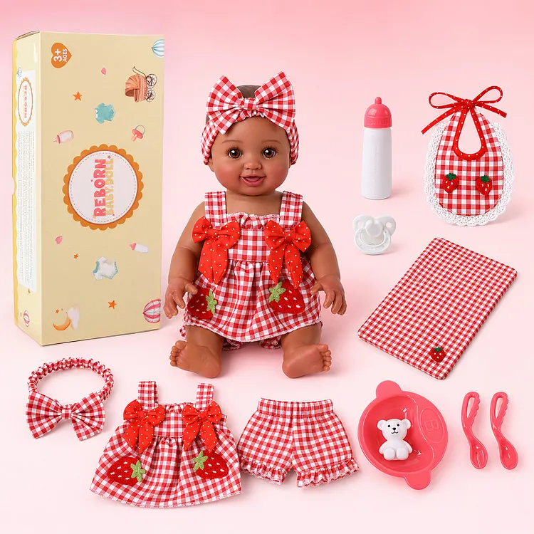 Babeside Nico 15&rdquo; Vinyl Reborn Baby Girl Doll with Smiling Infant Face in Red Gingham Bow Dress