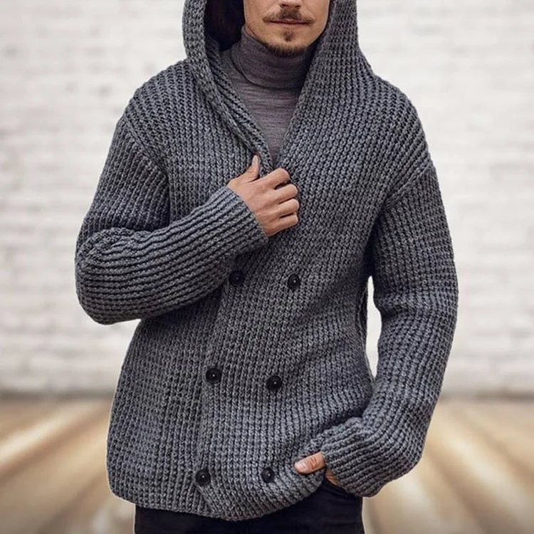Men's Casual Solid Double Breasted Hooded Knit Cardigan Sweater