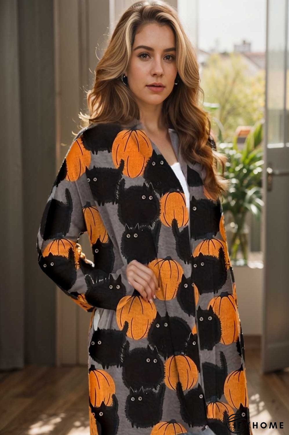 plus size halloween coat women s pus allover cat pumpkin print long sleeve open front medium stretch cardigan overcoat | IFYHOME