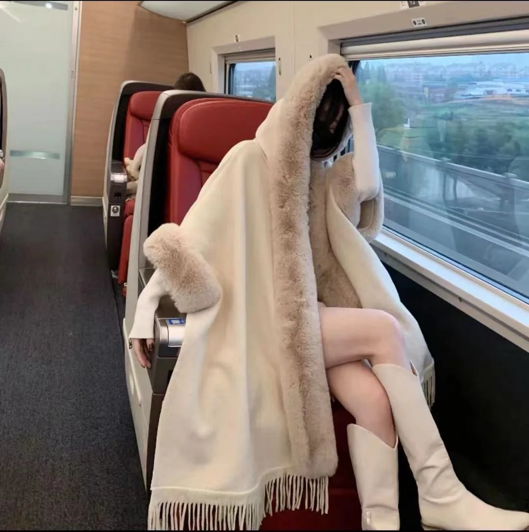 Hooded Shawl Coat With Fur Collar Plaid Coat