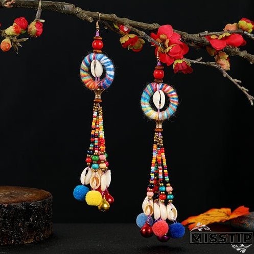 Retro national style contrast color pommel Earrings exaggerated personality Bohemian holiday long tassel temperament Earrings women