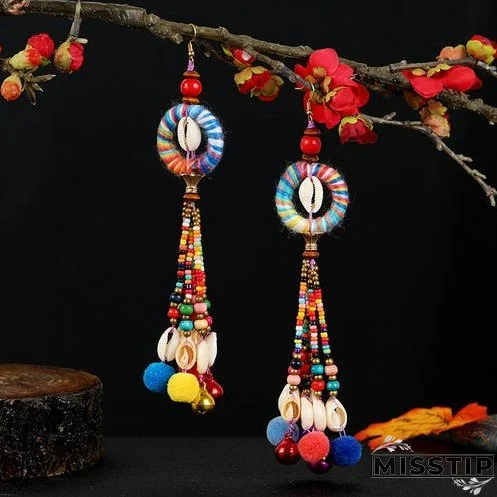 Retro national style contrast color pommel Earrings exaggerated personality Bohemian holiday long tassel temperament Earrings women