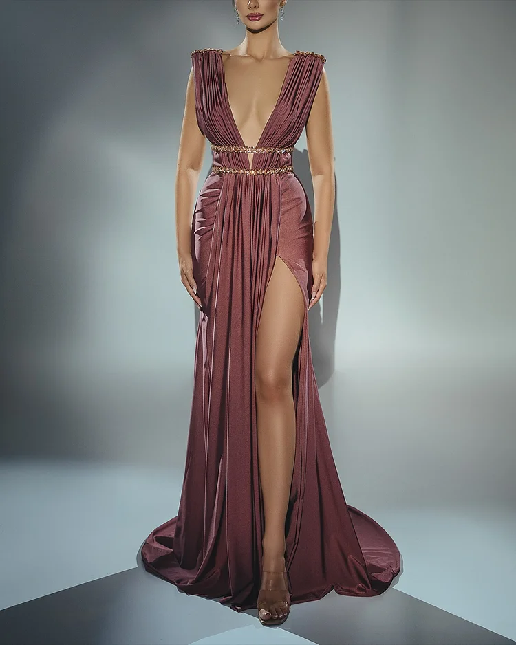 Women's V-neck sleeveless slit evening dress