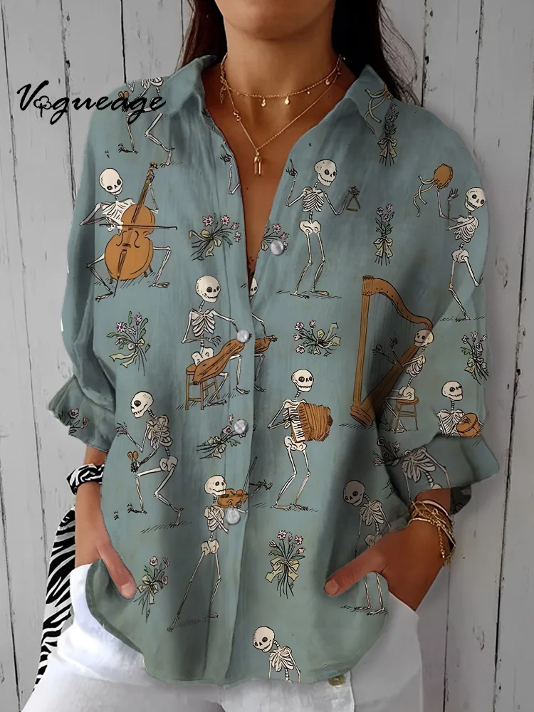 A Group Of Skeletons Happily Playing Musical Instruments Printed Cotton And Linen Shirt