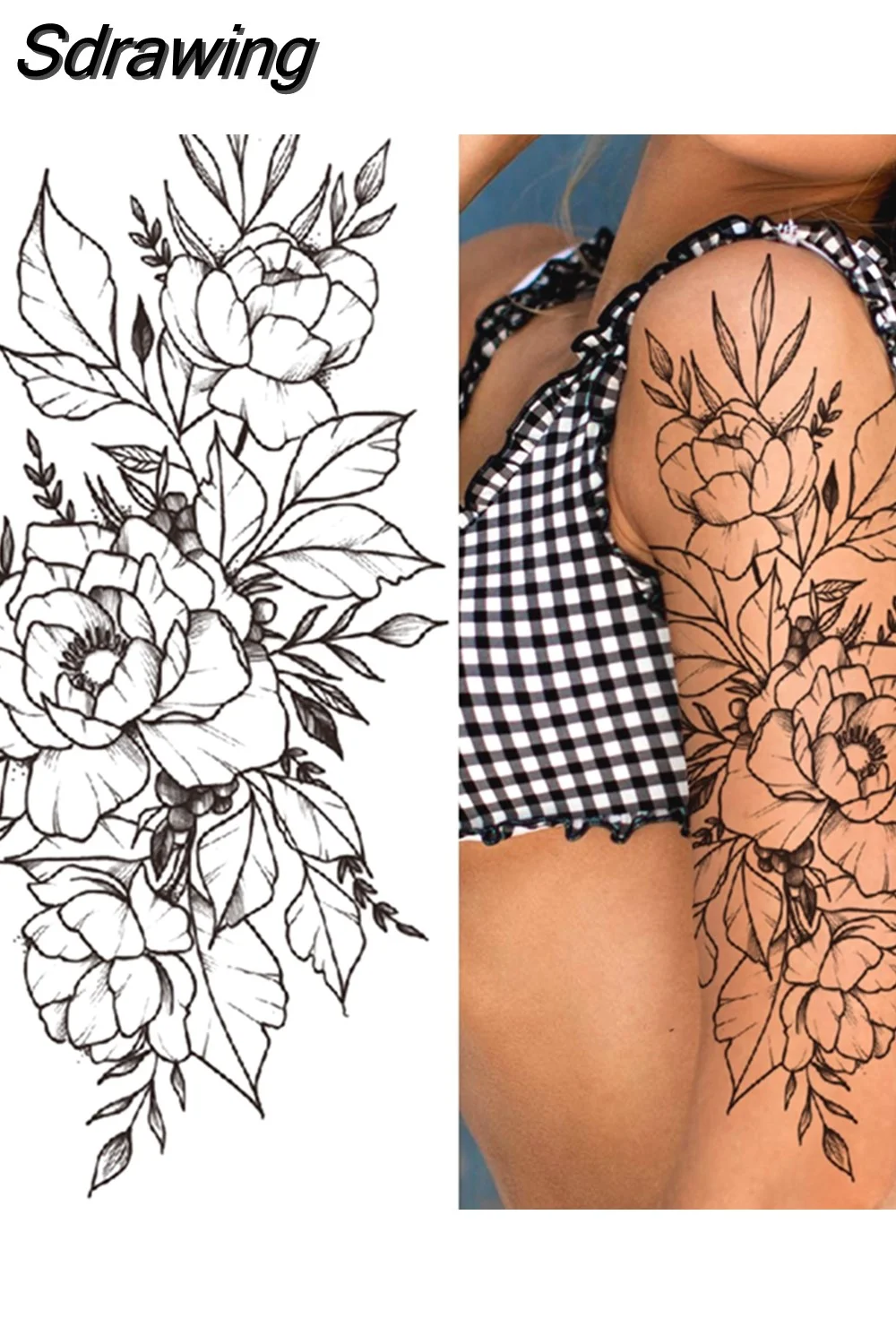 Sdrawing Fake Peony Temporary Tattoos For Women Girl Black Rose Elephant Flower Tattoo Sticker Tiger Anemone Tatoos Half Sleeve 521-1