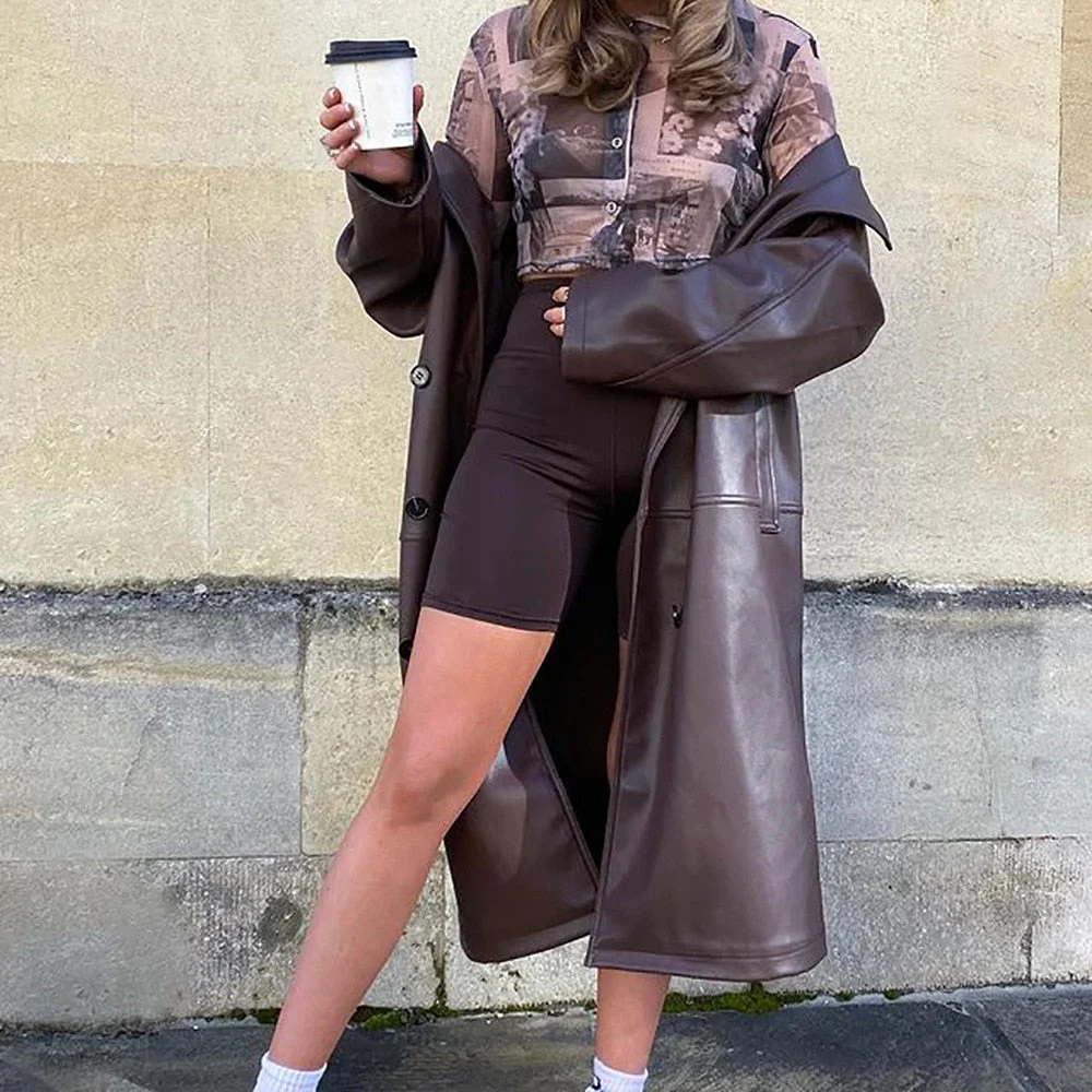 Women's autumn and winter brown PU long windbreaker lapel stitching pocket solid color jacket jacket women