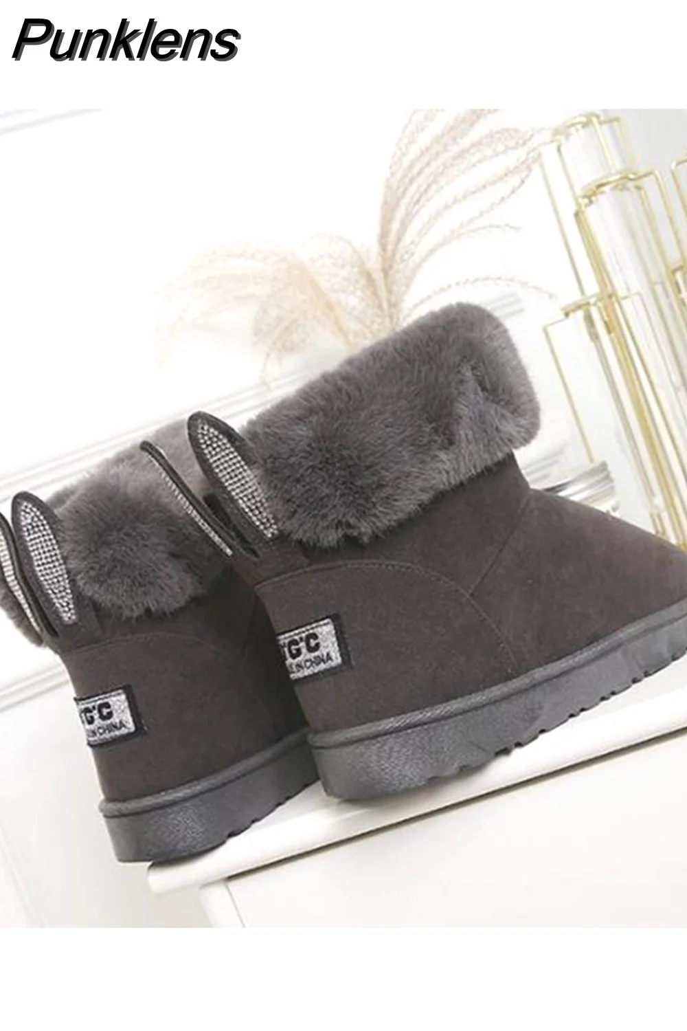 Punklens Boots for Women Women Boots Genuine Leather Real Fox Fur Brand Winter Shoes Warm Black Round Toe Casual Female Snow Boots