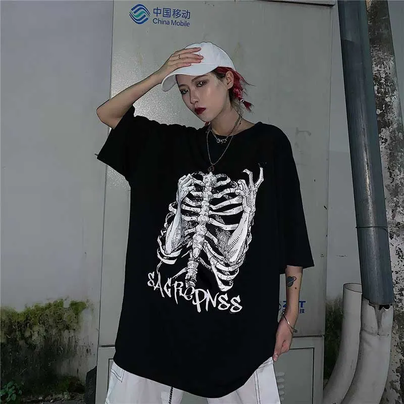 NiceMix Harajuku summer streetwear Women's Clothing Couple korean loose tees skull letter print Women tops casual short sleeve t