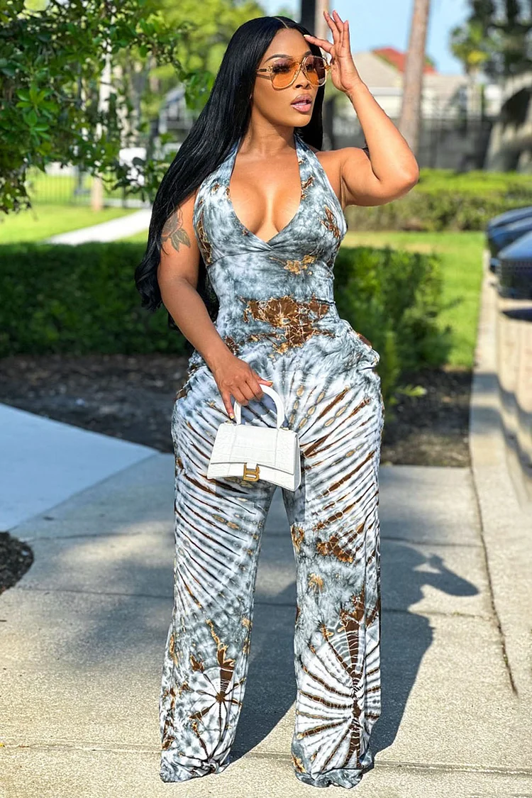 Halter V Neck Tie Dye Print Vacation Wide Leg Jumpsuit-Blue [Pre Order]