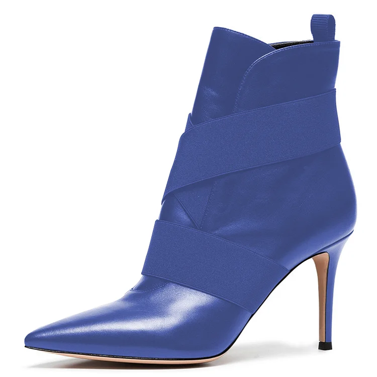 Blue Elastic Straps Pointed Toe Pull-on Stiletto Heel Ankle Boots |FSJ Shoes