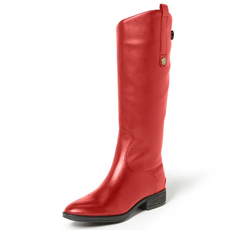 Red Shiny Vegan Boots Fashion Comfy Flat Boots with Side Pull Tab |FSJ Shoes