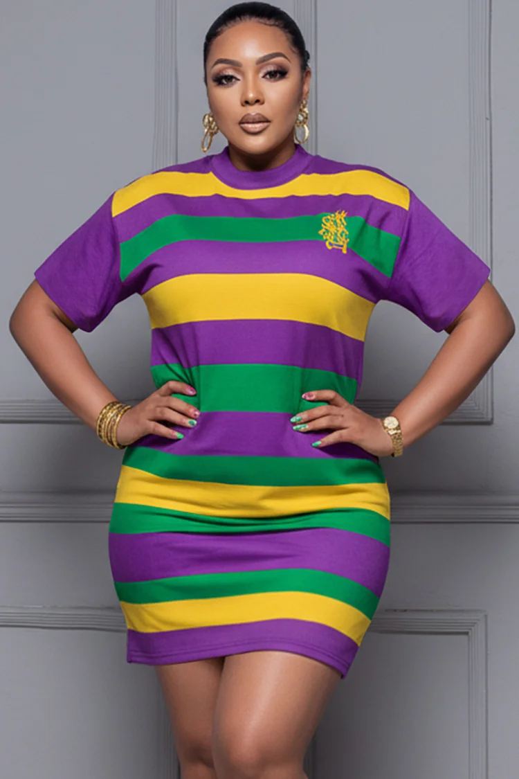 Xpluswear Design Plus Size Mardi Gras Multicolor Striped Short Sleeve Bodycon Mini Dresses 2024 - Xpluswear