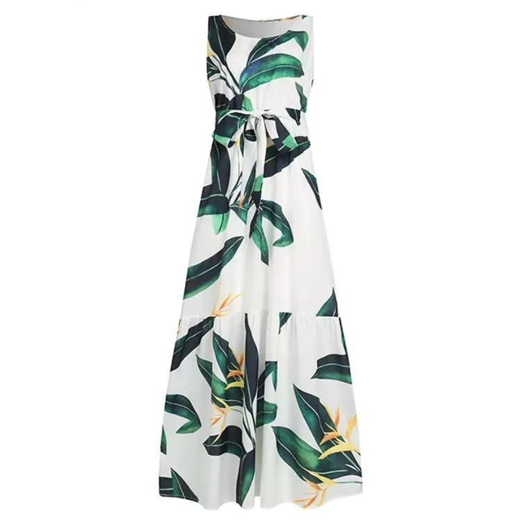 Asian green printed bouquet waist big hem long skirt sleeveless dress