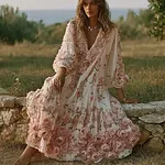 Retro Pink Rose Design V-neck Long-sleeve Casual Dress - Image 2