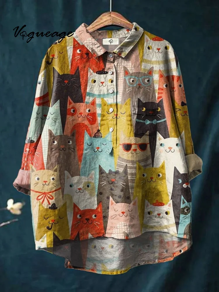 Colorful Hand-Painted Cat Print Cotton And Linen Shirt