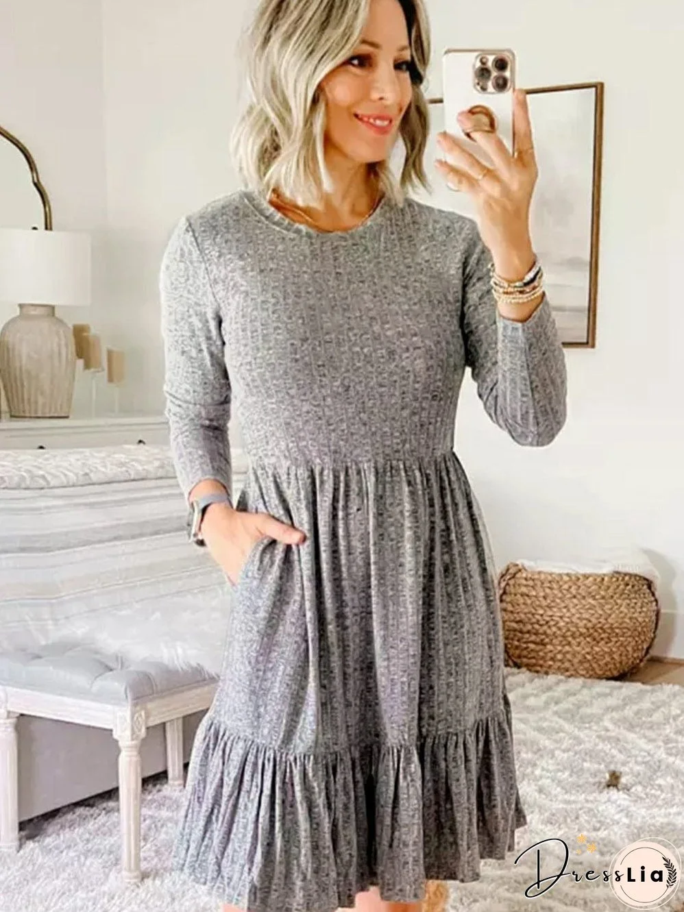 Textured Gray Ruffle Detail A-Line Midi Dress