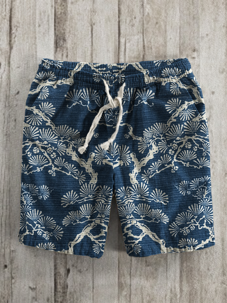 Pine Trees Japanese Lino Art Pattern Linen Blend Shorts  artssus