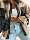 Stylish Leather Contrast Color Zipper Lambskin Warmth Fashion Jacket