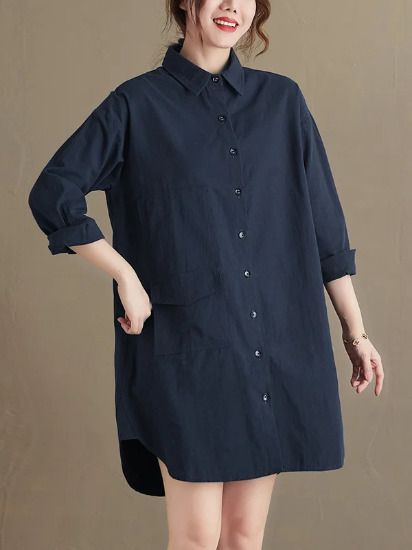 Simple Solid Buttoned Lapel Collar Long Sleeves Blouse