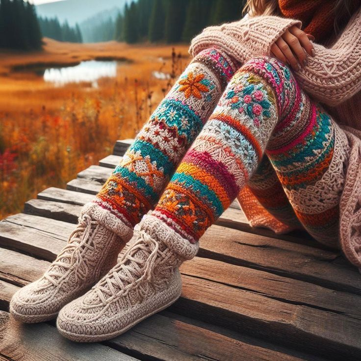 Vintage Colorblock Patchwork Floral And Leaf Cozy Knit Leggings