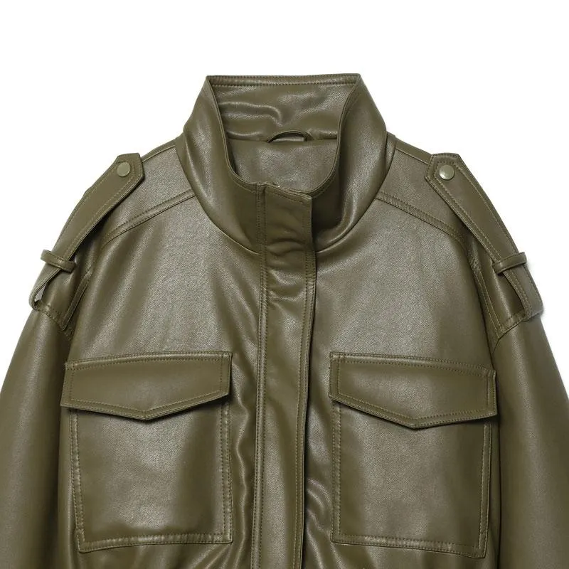 Women's Olive Green Faux Leather Bomber Moto Jacket with Stand Collar and Flap Pockets, Casual Short Layered Streetwear Outerwear Women's Olive Green Faux Leather Bomber Moto Jacket with Stand Collar and Flap Pockets, Casual Short Layered Streetwear Outerwear