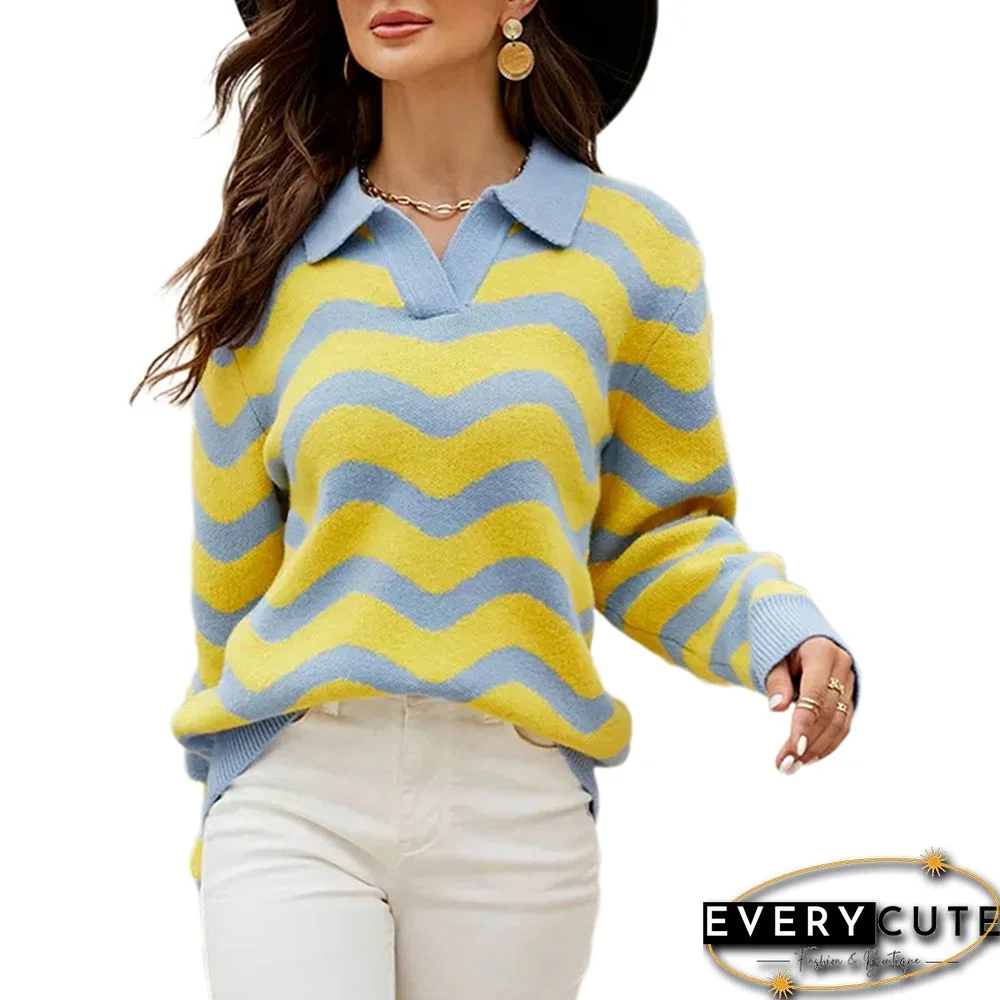 Yellow Striped Print Lapel Collar Knit Sweater