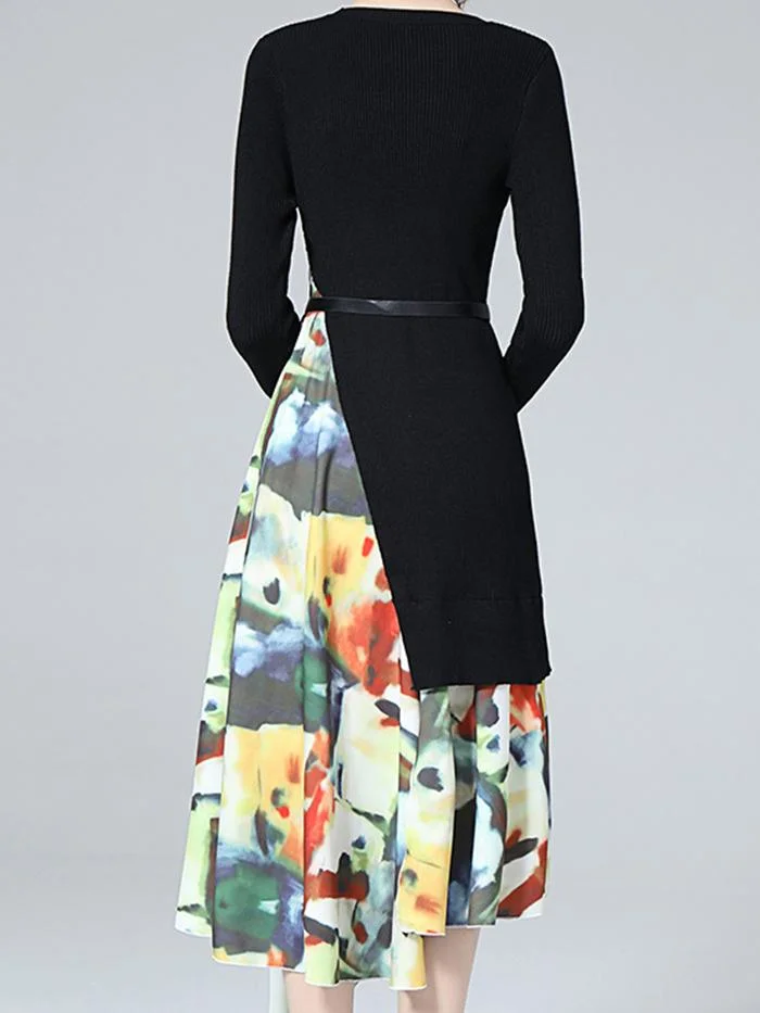 Elegant Black Stitching Irregular Knitted Dress