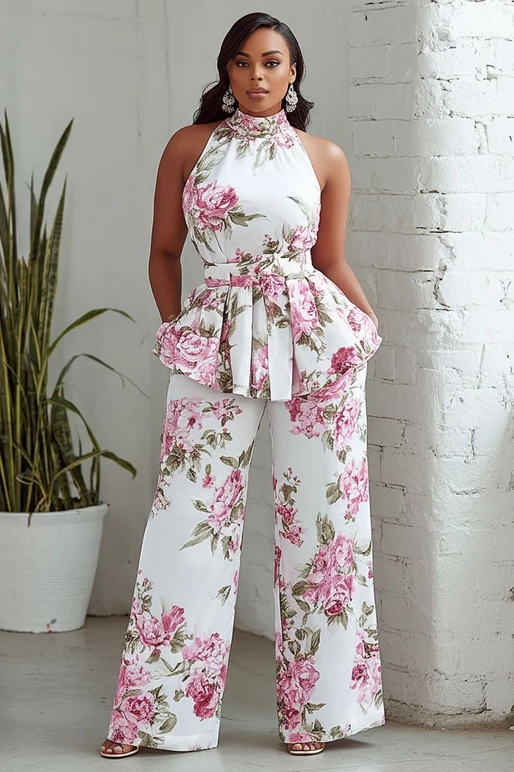 Xpluswear Design Plus Size Vacation White Floral Mock Neck Pocket Ruffle Two Piece Pant Sets 2024 - Xpluswear