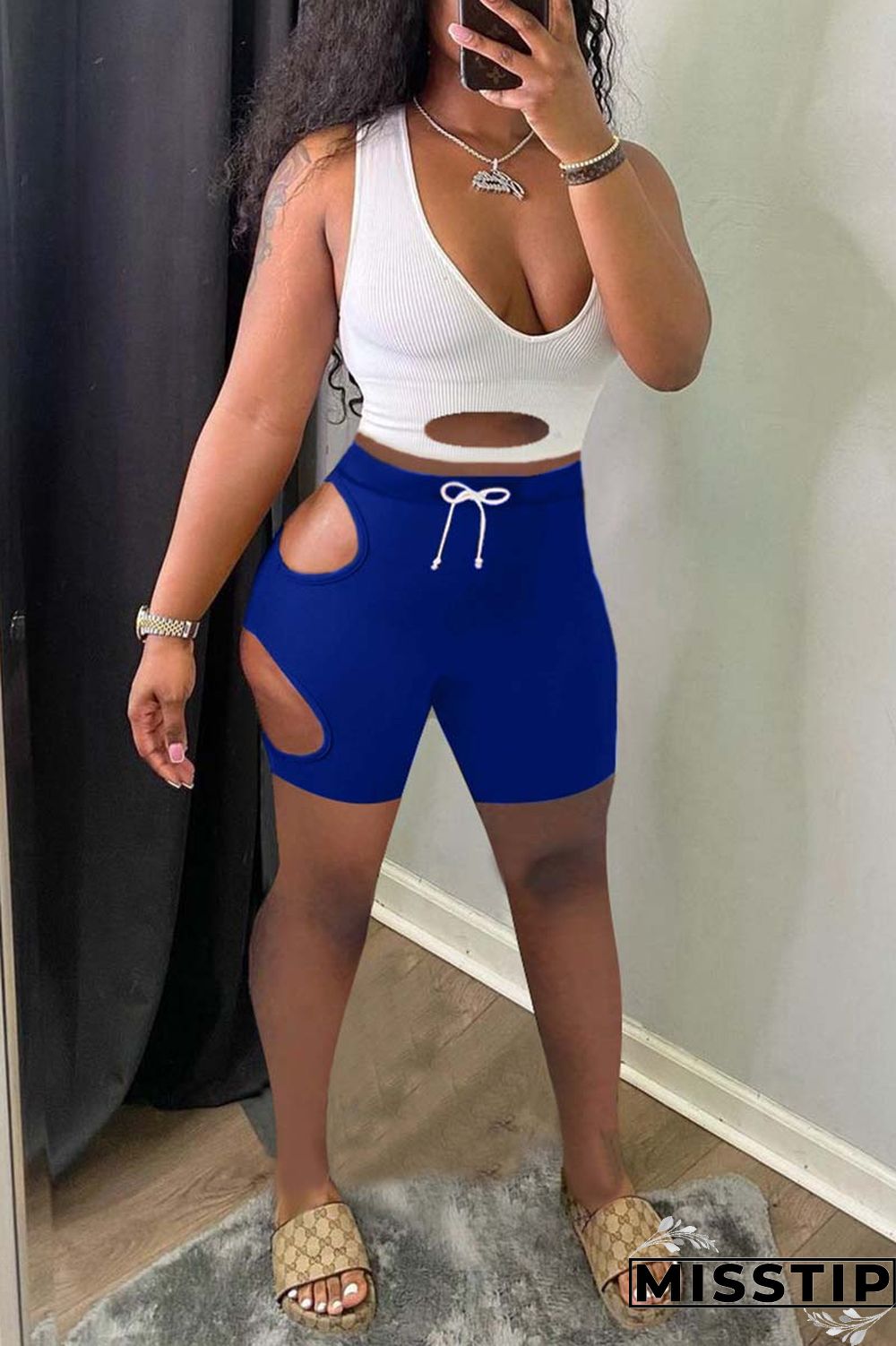 Blue Fashion Sexy Solid Hollowed Out U Neck Sleeveless Two Pieces