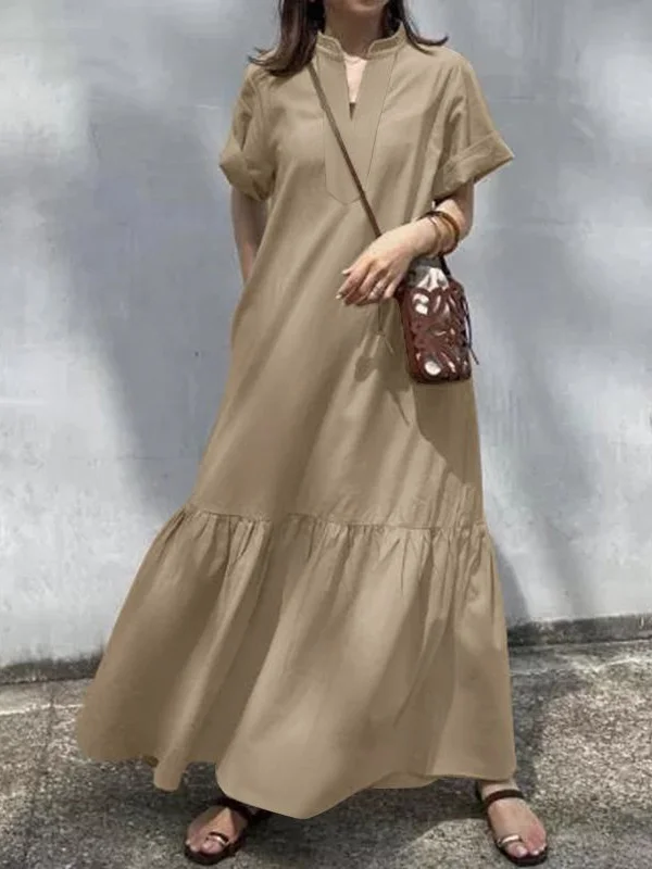 Split-Joint Solid Color Short Sleeves Plus Size V-Neck Maxi Dresses