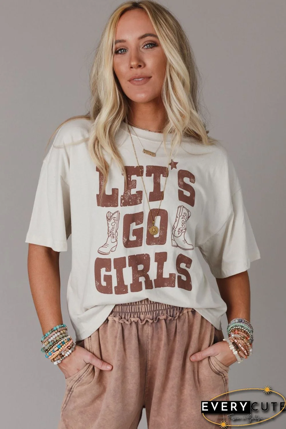 White LETS GO GIRLS Western Boots Tee