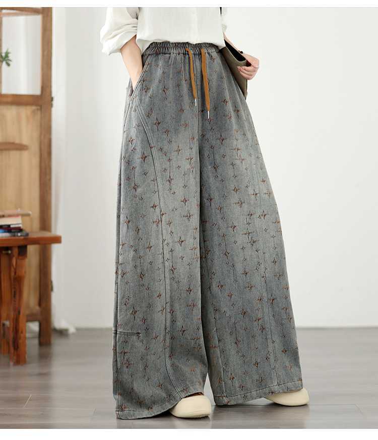 Retro Jacquard Elastic-Waist Jeans