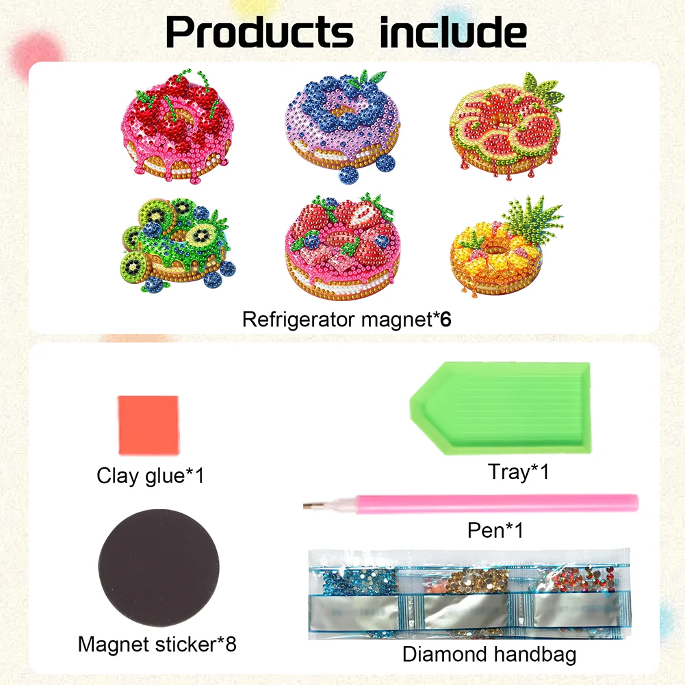 6pcs DIY Fruit Donut Acrylic Special Shape Diamond Painting Fridge Magnets