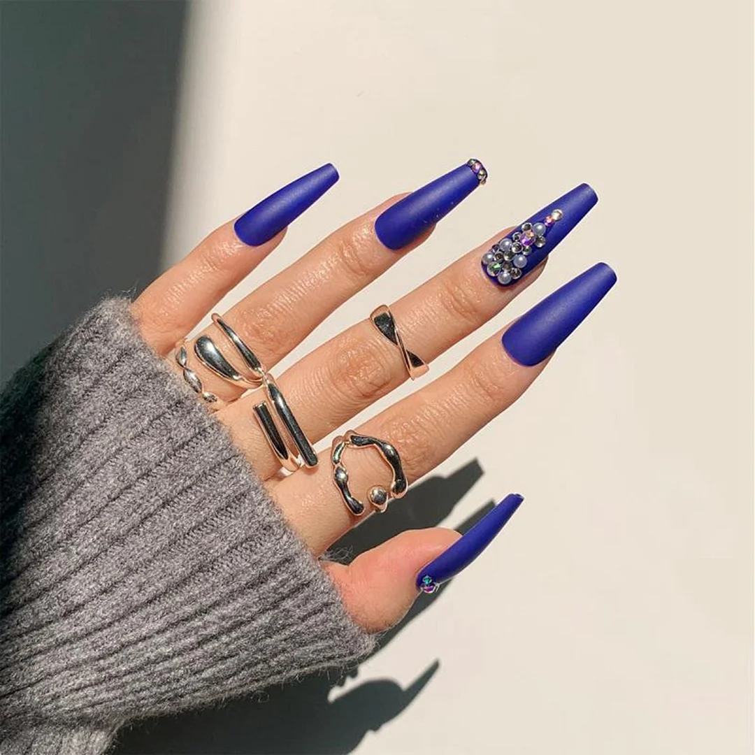 24pcs Rhinestone Long Ballerina False Nails With Designs Wearable Coffin Fake Nails Full Cover Press On Nail Tips DIY Accessory