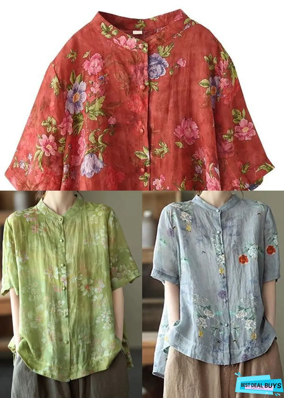 Vintage Red Stand Collar Print Cotton Shirt Tops Short Sleeve