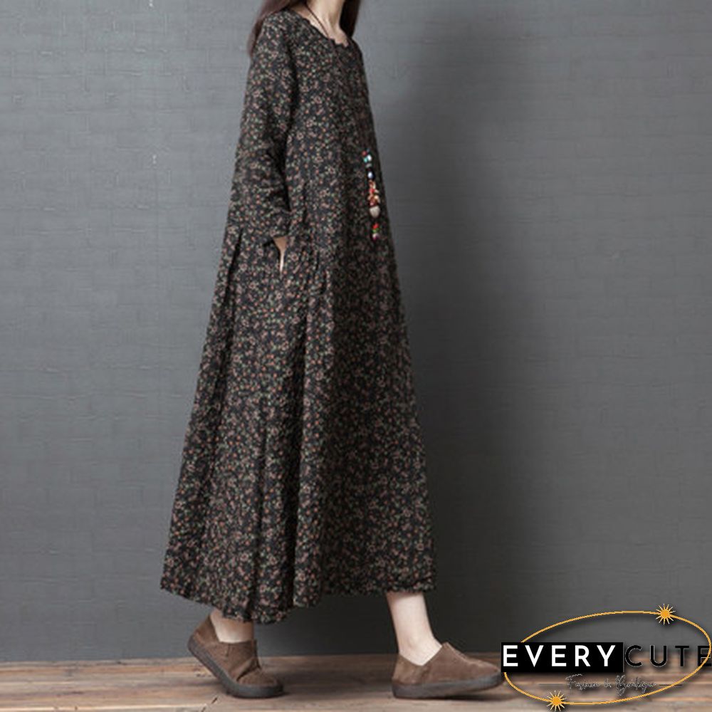 Women Cotton Kaftan Abaya Vintage Printed Floral Dress Full Length Dress