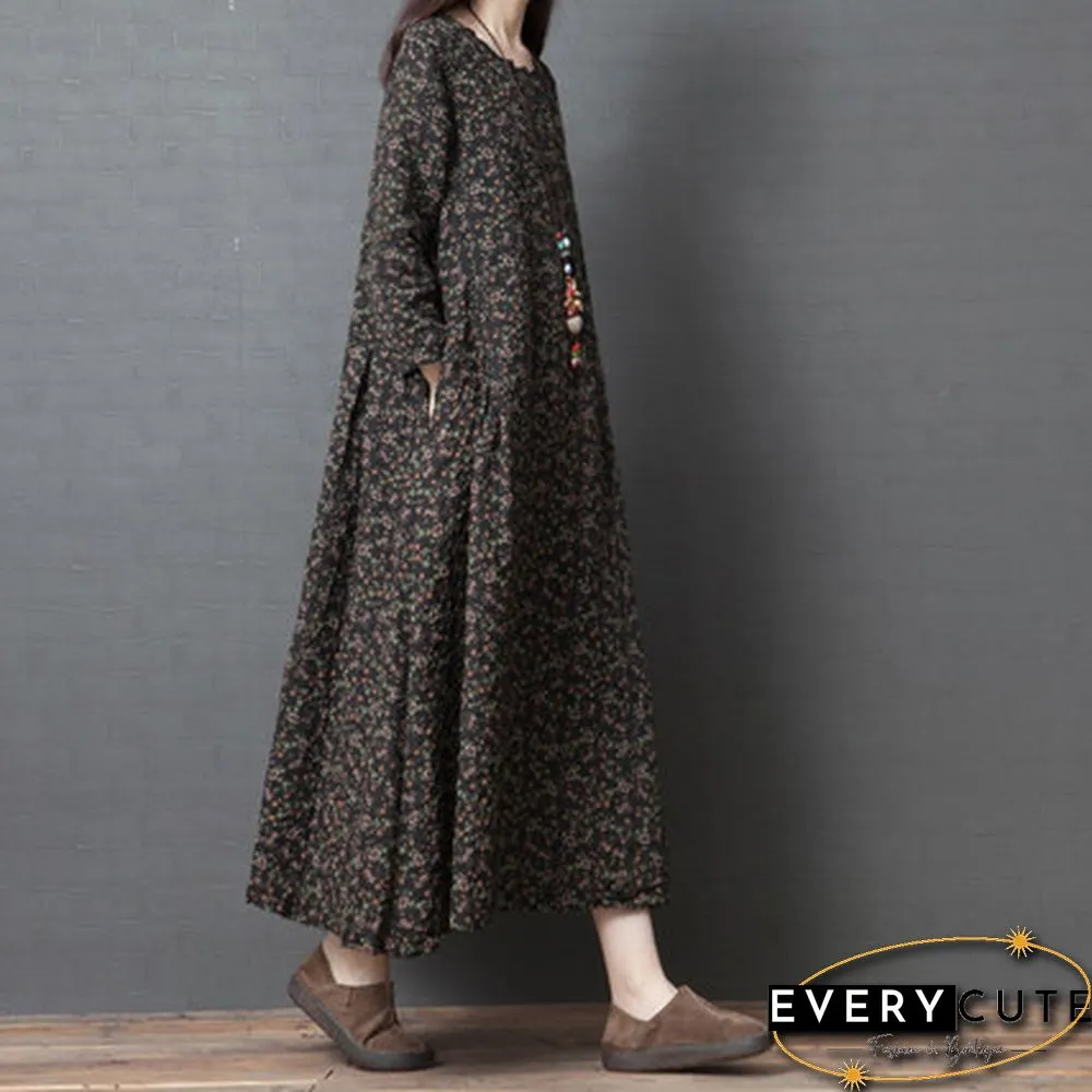 Women Cotton Kaftan Abaya Vintage Printed Floral Dress Full Length Dress