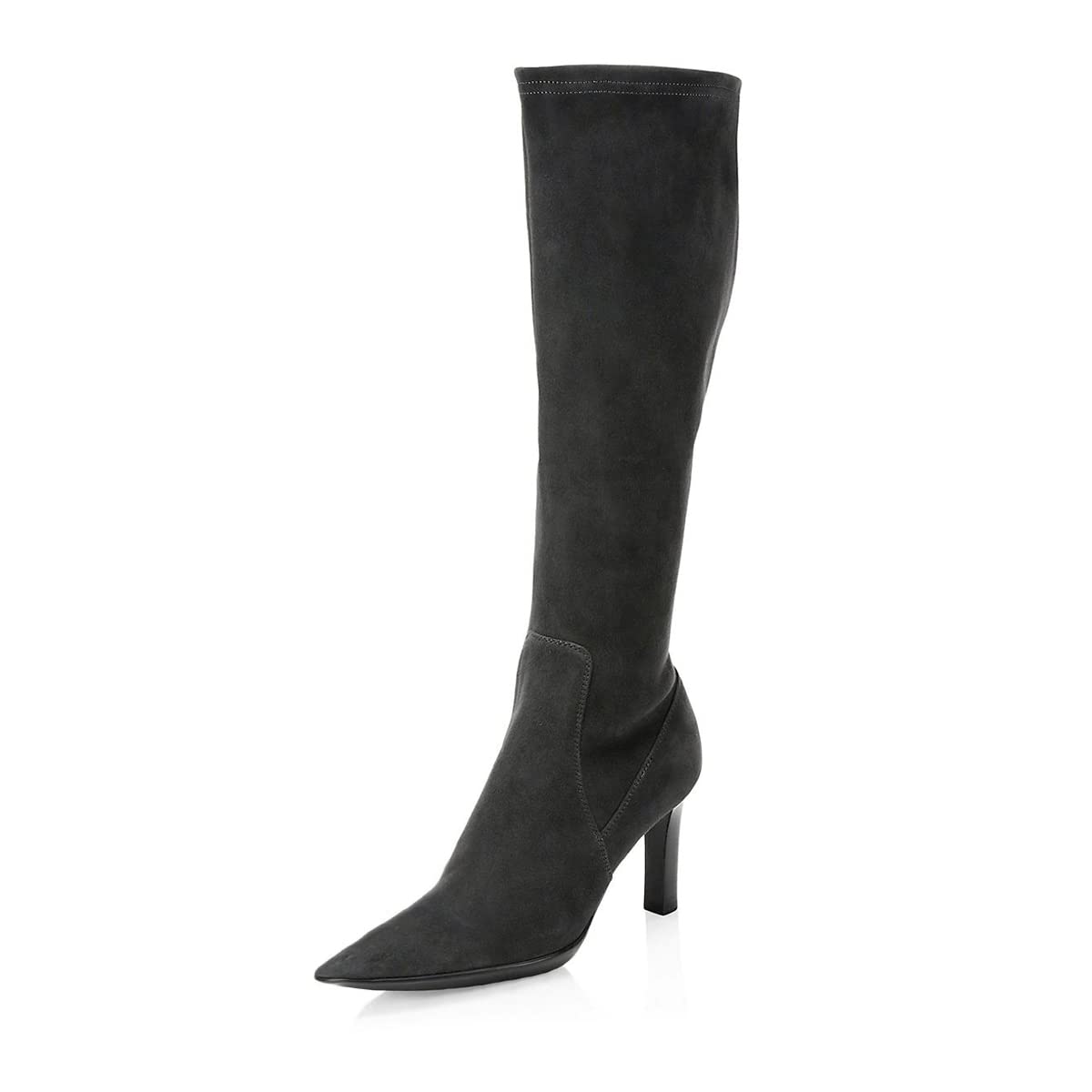 Women's Black Pointed Toe Stretch Long Boots with Chunky Heel Nicepairs