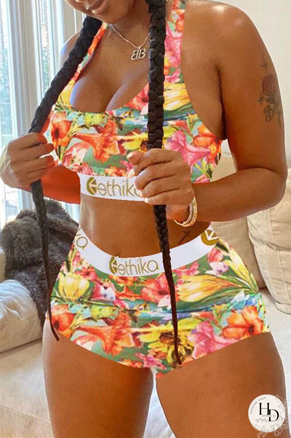 Colour Casual Sportswear Print Vests U Neck Sleeveless Two Pieces