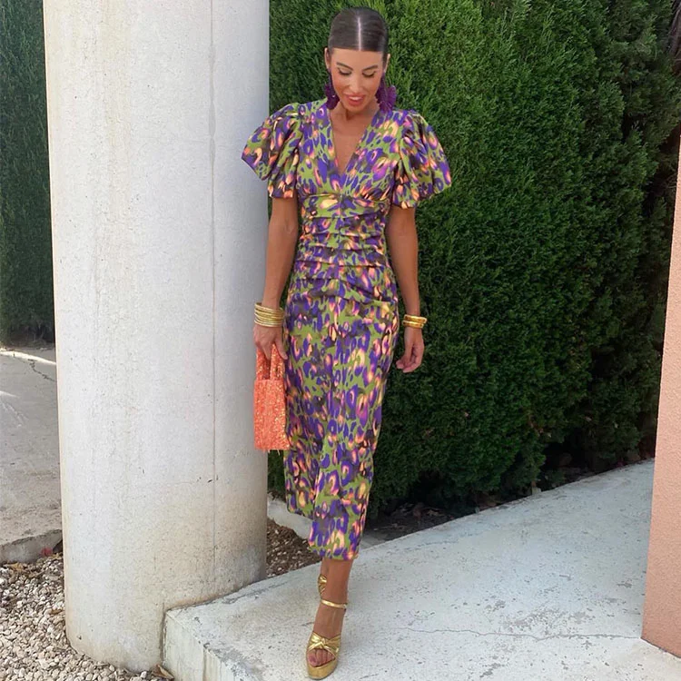 V Neck Floral Printed Puff Sleeve Dress