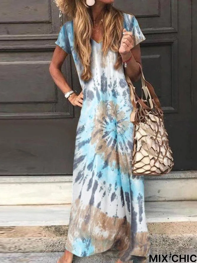 Short Sleeve A-Line Ombre/Tie-Dye Dresses