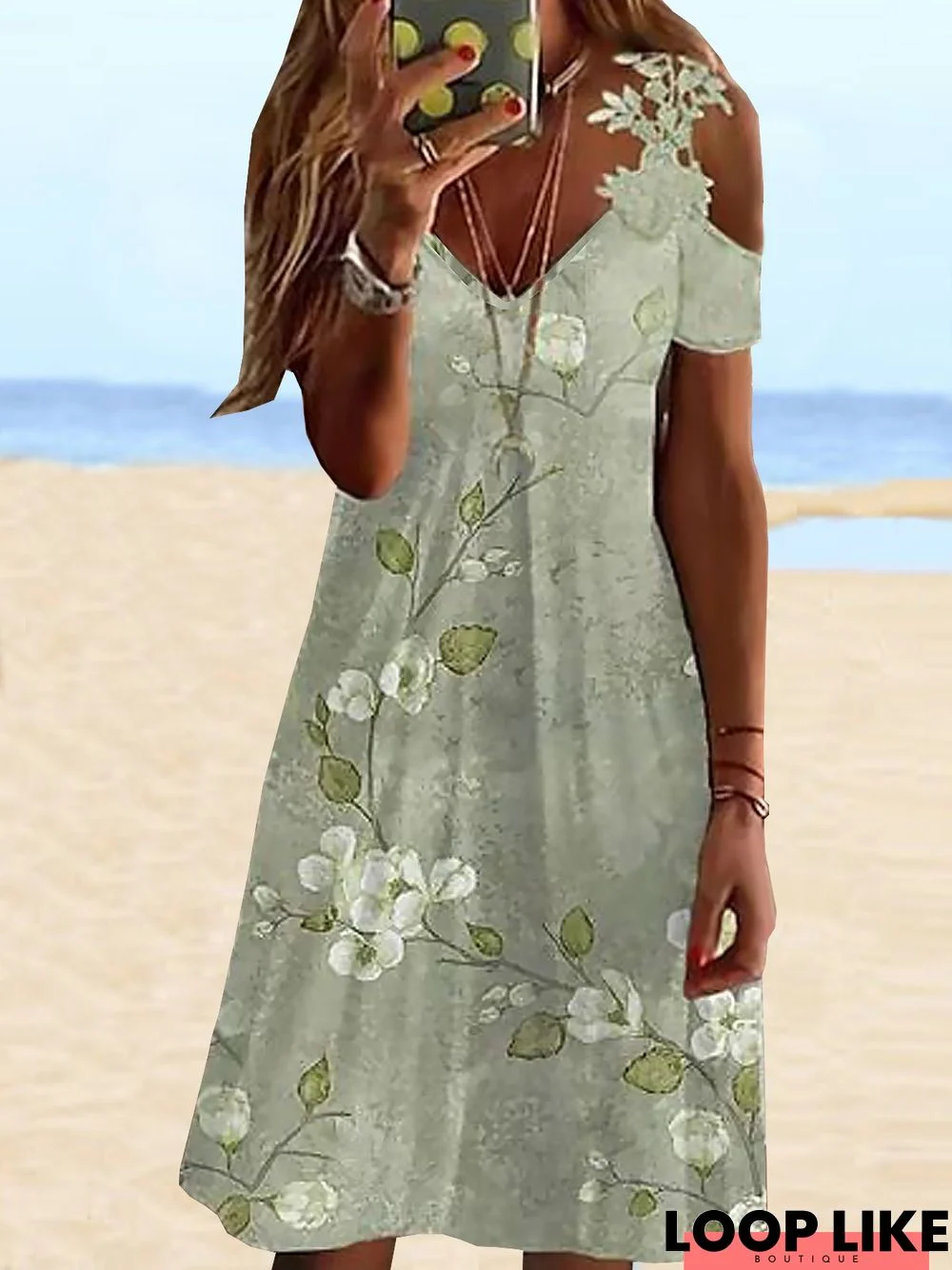 Floral Cotton Blends Vacation Short Sleeve Knit Dress