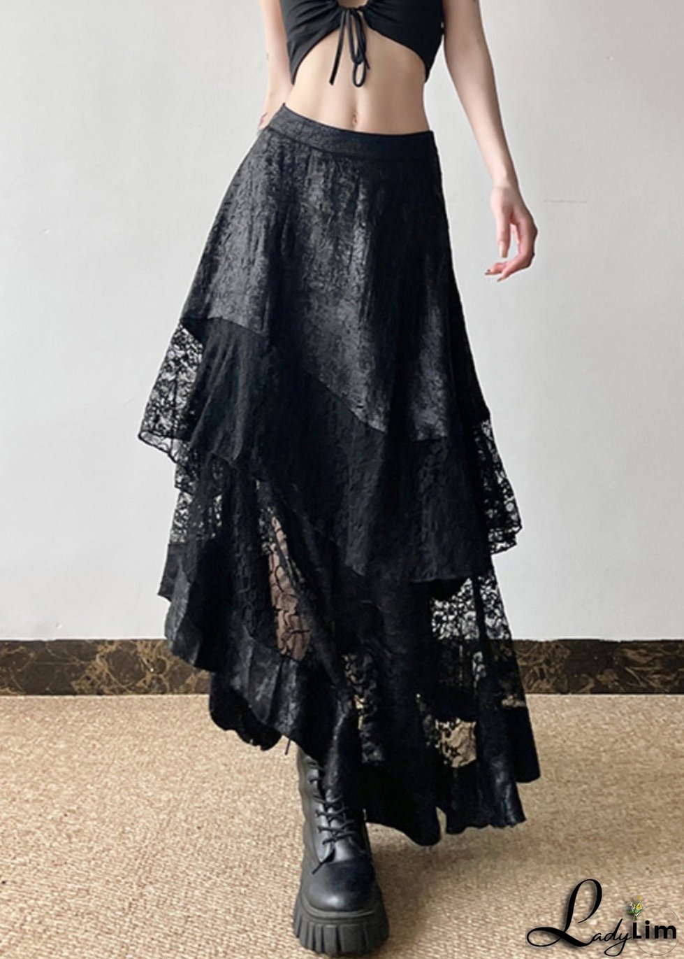 French Black High Waist Patchwork Lace Skirts Summer