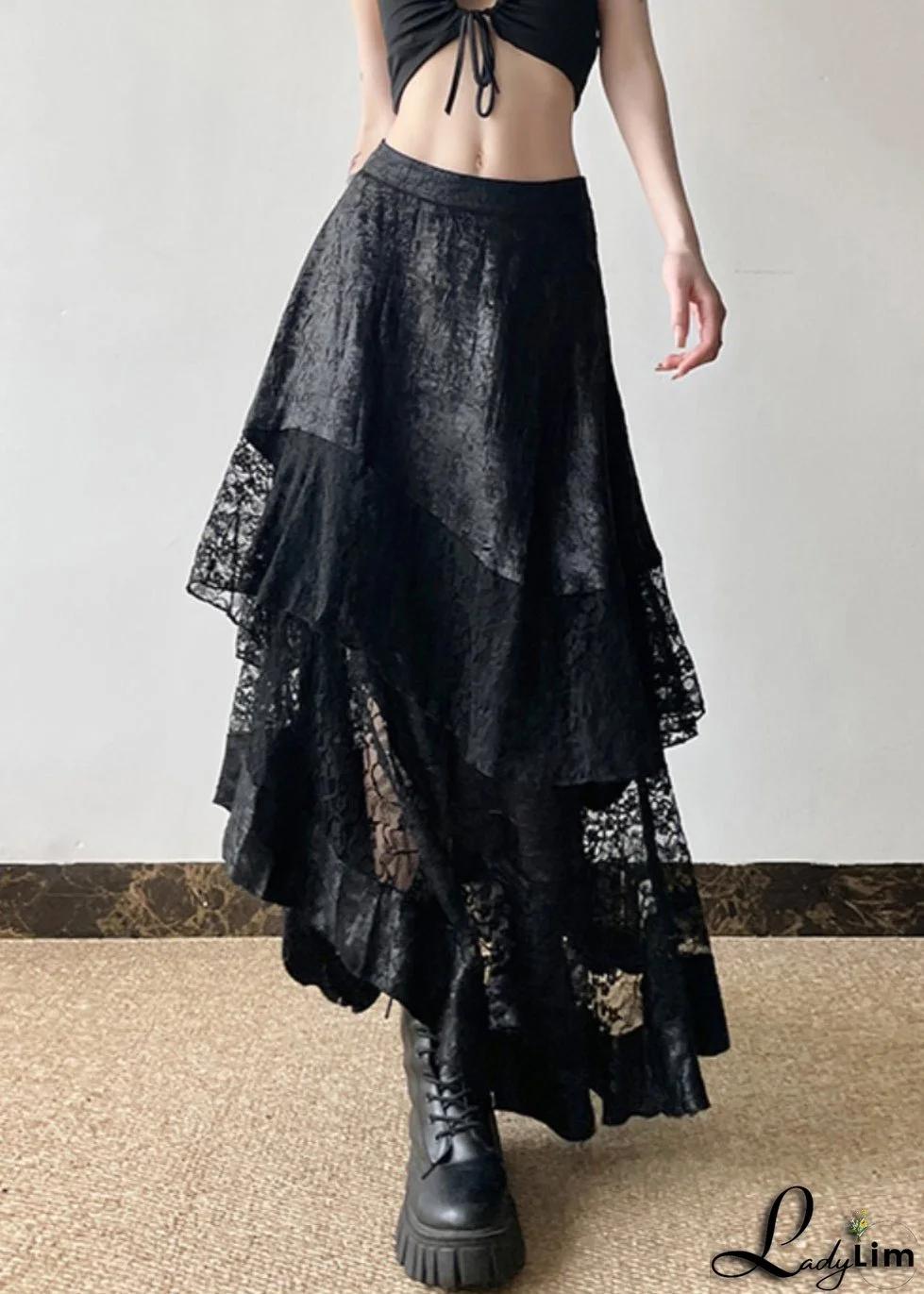 French Black High Waist Patchwork Lace Skirts Summer